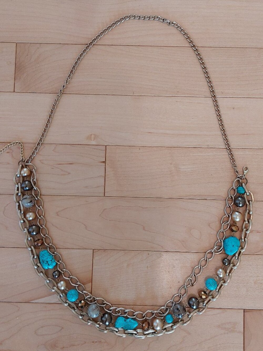 4-Strand Bronze & Turquoise Mixed Chain Necklace 19" w/ Varied Stones